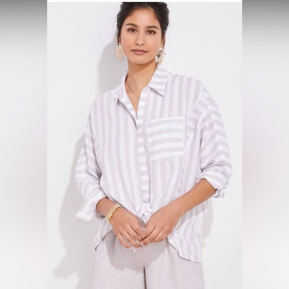Vineyard Vines Tops - VINEYARD Women’s Beige/White Stripe Relaxed Fit Linen Button Down Shirt Sz 4-6